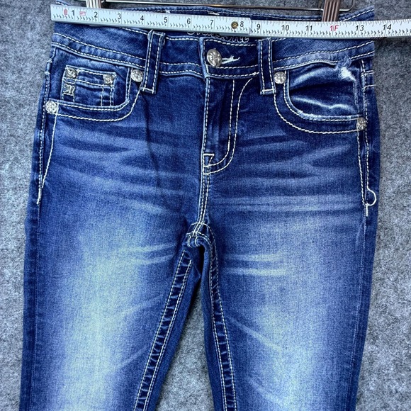 Miss Me Jeans 25 Blue Y2K Fleur De Lis Cowgirl Cowhair Mid Rise Slim Boot - Picture 5 of 9